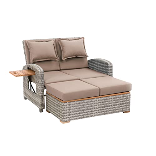 greemotion Rattan-Lounge Bahia Style 3-in-1 mit Teilen aus Teak, Gartensofa mit Bettfunktion, inkl. Hocker, grau/Taupe, ca.117 x 93 x 74 cm von Greemotion