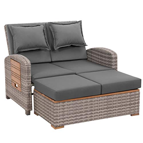 greemotion Rattan-Lounge Bahia Tobago, Gartensofa mit Bettfunktion, inkl. Hocker, Grau, Holzfarben von Greemotion