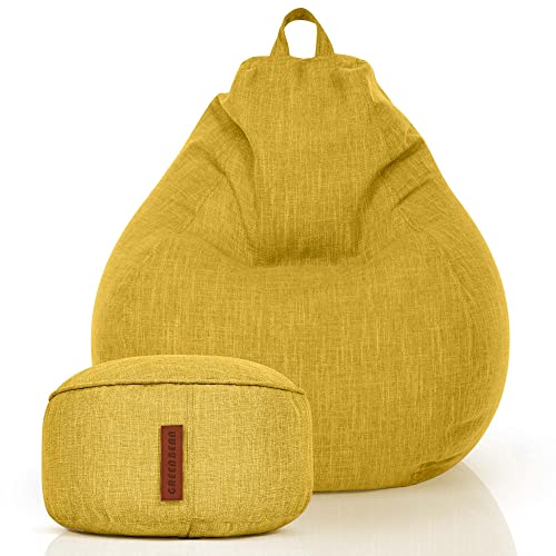 Green Bean© 2er Set Indoor Sitzsack + Hocker mit EPS-Perlen Füllung - Fußhocker Fußkissen Sitz-Pouf Bodenkissen Liegekissen Sitzkissen Lounge Chair Sitzhocker Relax-Sessel Bean Bag Gelb von Green Bean