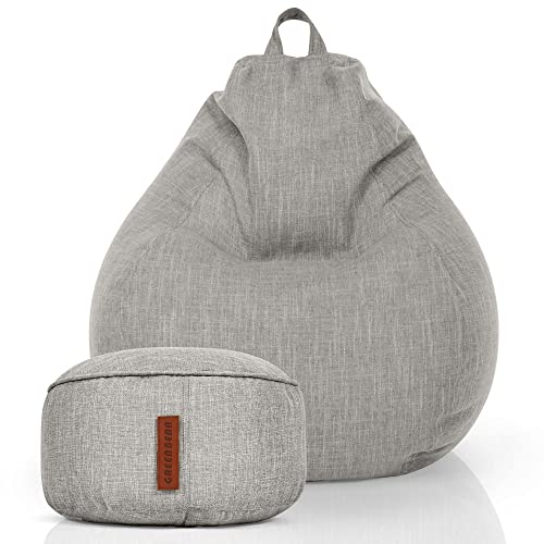 Green Bean 2er Set Indoor XXL Sitzsack + Hocker mit EPS-Perlen Füllung - Fußhocker Fußkissen Sitz-Pouf Bodenkissen Liegekissen Sitzkissen Lounge Chair Sitzhocker Relax-Sessel Bean Bag Silber Grau von Green Bean