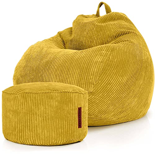 Green Bean© 2er Set Indoor XXL Sitzsack + Pouf mit EPS-Perlen Füllung - Fußhocker Fußkissen Hocker Bodenkissen Liegekissen Sitzkissen Lounge Chair - Gelb von Green Bean