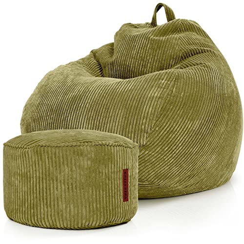 Green Bean© 2er Set Indoor XXL Sitzsack + Pouf mit EPS-Perlen Füllung - Fußhocker Fußkissen Hocker Bodenkissen Liegekissen Sitzkissen Lounge Chair - Grün von Green Bean