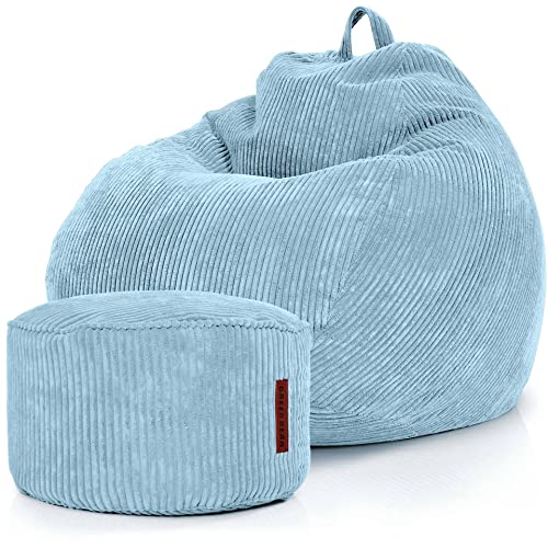 Green Bean® 2er Set Indoor XXL Sitzsack + Pouf mit EPS-Perlen Füllung - Fußhocker Fußkissen Hocker Bodenkissen Liegekissen Sitzkissen Lounge Chair - Hellblau von Green Bean