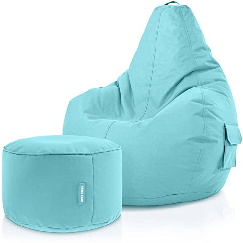 Green Bean© 2er Set Sitzsack + Hocker - fertig befüllt - robust waschbar schmutzabweisend - Kinder & Erwachsene Bean Bag Bodenkissen Lounge Sitzhocker Relax-Sessel Gamer Gamingstuhl Pouf - Aquamarin von Green Bean