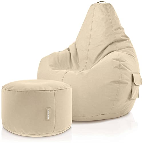 Green Bean© 2er Set Sitzsack + Hocker - fertig befüllt - robust waschbar schmutzabweisend - Kinder & Erwachsene Bean Bag Bodenkissen Lounge Sitzhocker Relax-Sessel Gamer Gamingstuhl Pouf - Beige von Green Bean