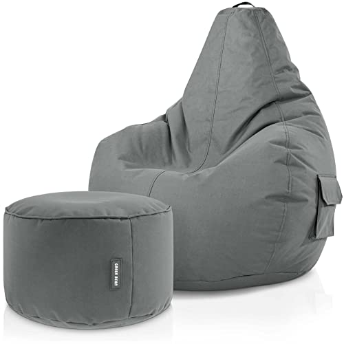 Green Bean© 2er Set Sitzsack + Hocker - fertig befüllt - robust waschbar schmutzabweisend - Kinder & Erwachsene Bean Bag Bodenkissen Lounge Sitzhocker Relax-Sessel Gamer Gamingstuhl Pouf - Grau von Green Bean