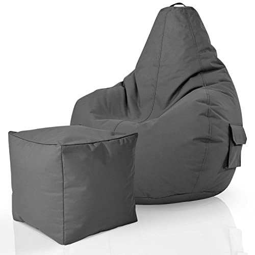 Green Bean© 2er Set Sitzsack + Hocker - fertig befüllt - robust waschbar schmutzabweisend - Kinder & Erwachsene Bean Bag Bodenkissen Lounge Sitzhocker Relax-Sessel Gamer Gamingstuhl Pouf - Grau von Green Bean