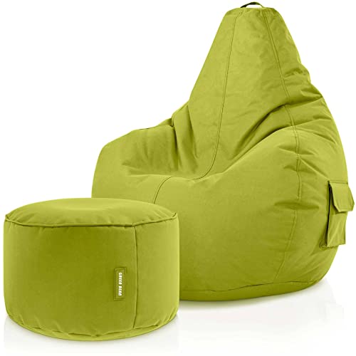 Green Bean 2er Set Sitzsack + Hocker - fertig befüllt - robust waschbar schmutzabweisend - Kinder & Erwachsene Bean Bag Bodenkissen Lounge Sitzhocker Relax-Sessel Gamer Gamingstuhl Pouf - Grün von Green Bean