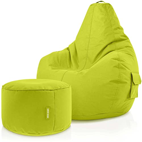 Green Bean 2er Set Sitzsack + Hocker - fertig befüllt - robust waschbar schmutzabweisend - Kinder & Erwachsene Bean Bag Bodenkissen Lounge Sitzhocker Relax-Sessel Gamer Gamingstuhl Pouf - Hellgrün von Green Bean