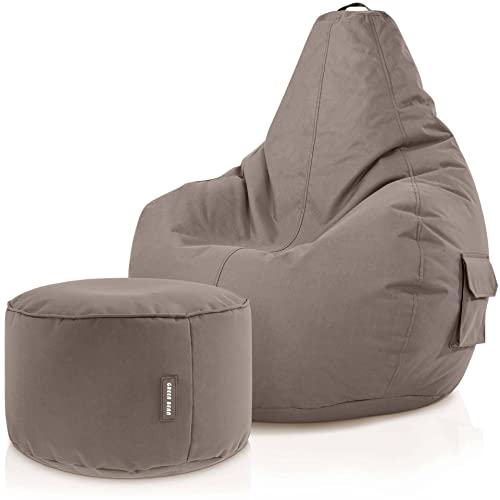 Green Bean 2er Set Sitzsack + Hocker - fertig befüllt - robust waschbar schmutzabweisend - Kinder & Erwachsene Bean Bag Bodenkissen Lounge Sitzhocker Relax-Sessel Gamer Gamingstuhl Pouf - Khaki von Green Bean