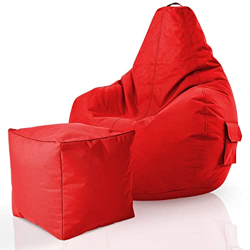 Green Bean 2er Set Sitzsack + Hocker - fertig befüllt - robust waschbar schmutzabweisend - Kinder & Erwachsene Bean Bag Bodenkissen Lounge Sitzhocker Relax-Sessel Gamer Gamingstuhl Pouf - Rot von Green Bean