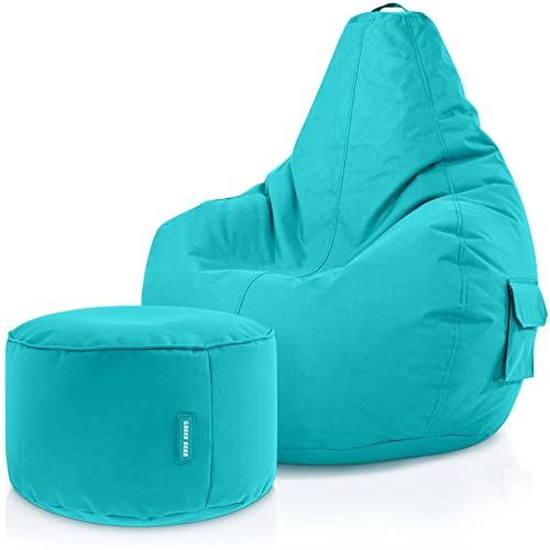 Green Bean 2er Set Sitzsack + Hocker - fertig befüllt - robust waschbar schmutzabweisend - Kinder & Erwachsene Bean Bag Bodenkissen Lounge Sitzhocker Relax-Sessel Gamer Gamingstuhl Pouf - Türkis von Green Bean
