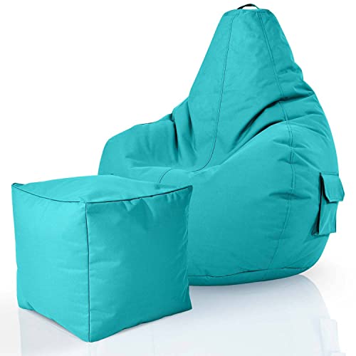 Green Bean© 2er Set Sitzsack + Hocker - fertig befüllt - robust waschbar schmutzabweisend - Kinder & Erwachsene Bean Bag Bodenkissen Lounge Sitzhocker Relax-Sessel Gamer Gamingstuhl Pouf - Türkis von Green Bean