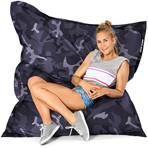 Green Bean© Outdoor Sitzsack XXL 140x180cm 380 Liter Kinder & Erwachsene Bean Bag EPS Perlen Füllung Riesensitzsack Liegekissen Waschbar Wetterfest Lounge Chair Sitzkissen Camouflage Schwarz von Green Bean