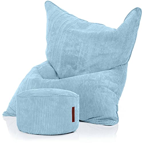 Green Bean Sitzsack + Pouf im Set - XXL Riesensitzsack mit passenden Fußhocker | EPS Füllung Bean Bag Bodenkissen Liegekissen Sitzkissen Indoor Drinnen Waschbar Hellblau von Green Bean