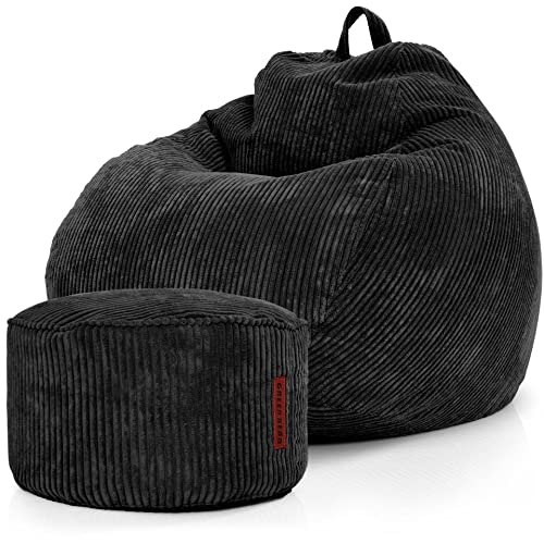 Green Bean® 2er Set Indoor XXL Sitzsack + Pouf mit EPS-Perlen Füllung - Fußhocker Fußkissen Hocker Bodenkissen Liegekissen Sitzkissen Lounge Chair - Schwarz von Green Bean