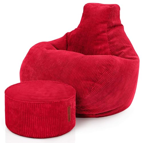 Green Bean® Sitzsack mit Hocker aus Cord - Sitzsäcke für das Wohnzimmer, Schlafzimmer, Sitzsack-Sessel für Erwachsene Rot von Green Bean