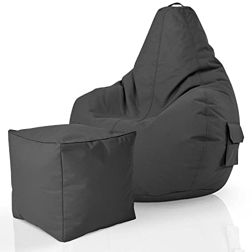 Green Bean 2er Set Sitzsack + Hocker - fertig befüllt - robust waschbar schmutzabweisend - Kinder & Erwachsene Bean Bag Bodenkissen Lounge Sitzhocker Relax-Sessel Gamer Gamingstuhl Pouf - Anthrazit von Green Bean