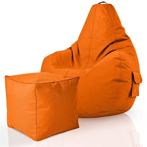 Green Bean 2er Set Sitzsack + Hocker - fertig befüllt - robust waschbar schmutzabweisend - Kinder & Erwachsene Bean Bag Bodenkissen Lounge Sitzhocker Relax-Sessel Gamer Gamingstuhl Pouf - Orange von Green Bean