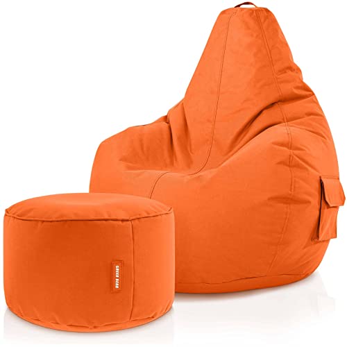 Green Bean 2er Set Sitzsack + Hocker - fertig befüllt - robust waschbar schmutzabweisend - Kinder & Erwachsene Bean Bag Bodenkissen Lounge Sitzhocker Relax-Sessel Gamer Gamingstuhl Pouf - Orange von Green Bean