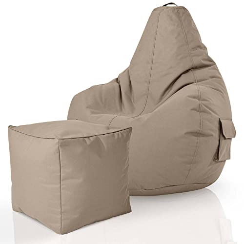 Green Bean 2er Set Sitzsack + Hocker - fertig befüllt - robust waschbar schmutzabweisend - Kinder & Erwachsene Bean Bag Bodenkissen Lounge Sitzhocker Relax-Sessel Gamer Gamingstuhl Pouf - Taupe von Green Bean