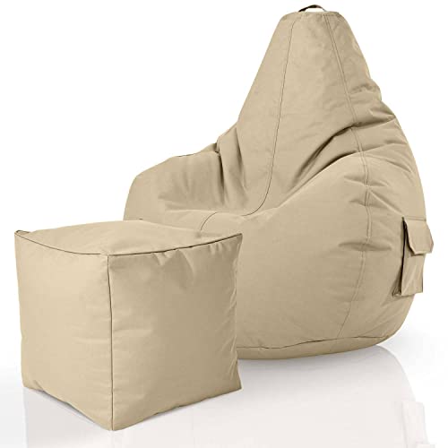 Green Bean 2er Set Sitzsack + Hocker - fertig befüllt - robust waschbar schmutzabweisend - Kinder & Erwachsene Bean Bag Bodenkissen Lounge Sitzhocker Relax-Sessel Gamer Gamingstuhl Pouf - Beige von Green Bean