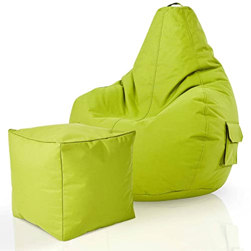 Green Bean© 2er Set Sitzsack + Hocker - fertig befüllt - robust waschbar schmutzabweisend - Kinder & Erwachsene Bean Bag Bodenkissen Lounge Sitzhocker Relax-Sessel Gamer Gamingstuhl Pouf - Apfelgrün von Green Bean