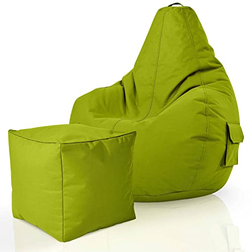 Green Bean© 2er Set Sitzsack + Hocker - fertig befüllt - robust waschbar schmutzabweisend - Kinder & Erwachsene Bean Bag Bodenkissen Lounge Sitzhocker Relax-Sessel Gamer Gamingstuhl Pouf - Grün von Green Bean
