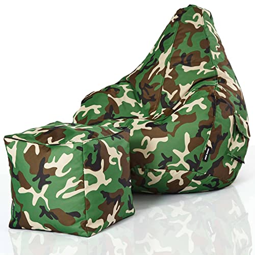 Green Bean 2er Set Sitzsack + Hocker - fertig befüllt - robust waschbar schmutzabweisend - Kinder & Erwachsene Bean Bag Bodenkissen Sitzhocker Relax-Sessel Gamer Gamingstuhl Pouf - Camouflage Grün von Green Bean
