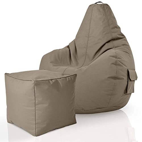 Green Bean© 2er Set Sitzsack + Hocker - fertig befüllt - robust waschbar schmutzabweisend - Kinder & Erwachsene Bean Bag Bodenkissen Lounge Sitzhocker Relax-Sessel Gamer Gamingstuhl Pouf - Khaki von Green Bean