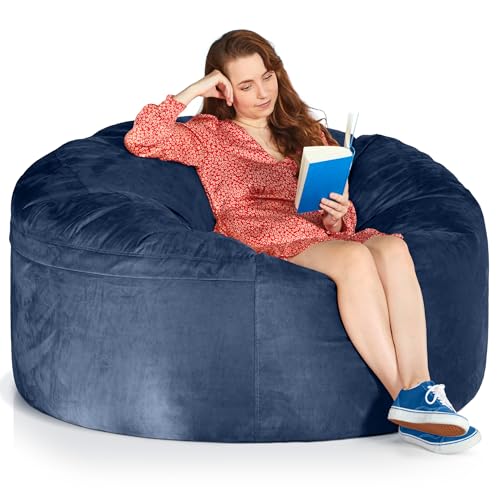 Green Bean Jumbo Max Riesensitzsack mit Memory-Schaum Flockenfüllung – Sitzsack XXL aus flauschigem Velours in 5ft (150x120cm) Dunkelblau – Indoor Lounge-Sitzsack waschbar & gemütlich von Green Bean