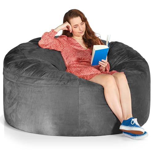 Green Bean Jumbo Max Riesensitzsack mit Memory-Schaum Flockenfüllung – Sitzsack XXL aus flauschigem Velours in 5ft (150x120cm) Dunkelgrau – Indoor Lounge-Sitzsack waschbar & gemütlich von Green Bean