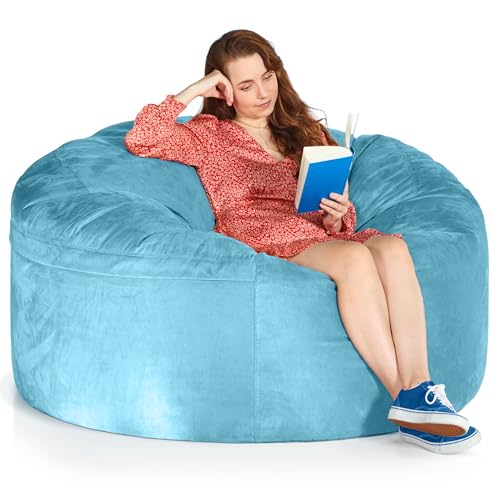 Green Bean Jumbo Max Riesensitzsack mit Memory-Schaum Flockenfüllung – Sitzsack XXL aus flauschigem Velours in 5ft (150x120cm) Hellblau – Indoor Lounge-Sitzsack waschbar & gemütlich von Green Bean
