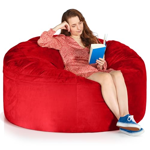 Green Bean Jumbo Max Riesensitzsack mit Memory-Schaum Flockenfüllung – Sitzsack XXL aus flauschigem Velours in 5ft (150x120cm) Rot – Indoor Lounge-Sitzsack waschbar & gemütlich von Green Bean