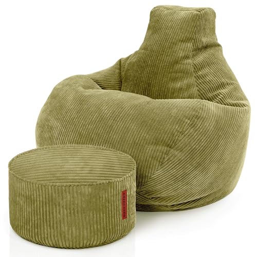 Green Bean® Sitzsack mit Hocker aus Cord - Sitzsäcke für das Wohnzimmer, Schlafzimmer, Sitzsack-Sessel für Erwachsene Grün von Green Bean