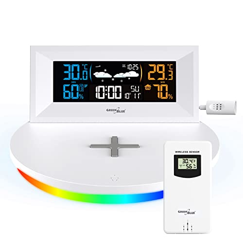 Green Blue GB213 Kabellose Wetterstation mit kabellosem Qi-Ladegerät Stimmungslicht Basis Wettervorhersage Kalender Wecker und Schlummerfunktion Externer Sensor Innen und Außen Thermometer Farbdisplay von Green Blue