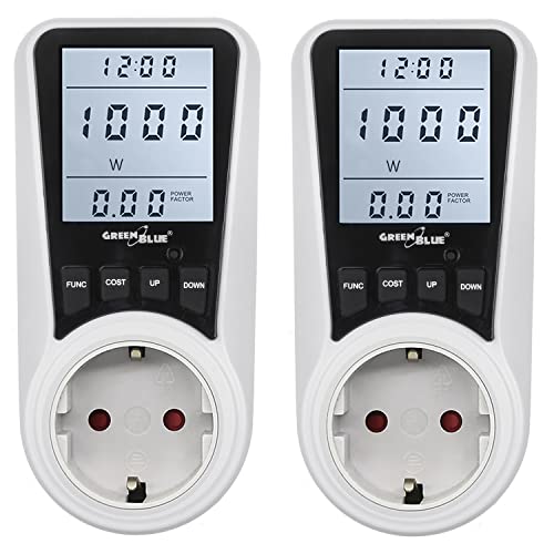 Green Blue GB350 F Energiekostenmessgerät 2-er Pack Strommessgerät Stromverbrauch Energiekosten Messgerät Stromzähler Wattmeter Schuko Steckdose 7 Modi Max. Leistung 3680W von Green Blue