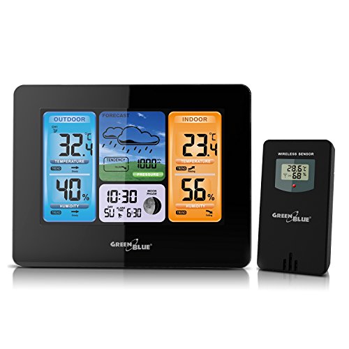 GreenBlue GB526 Funk Wetterstation mit Außensensor Wettertrendvorhersage Mondphasenanzeige DCF Aktualisierung Kalender Alarm von Green Blue