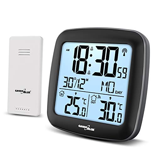 Green Blue GB542 Funk-Wetterstation mit Außensensor | DCF-Uhr | Innen- & Außentemperatur | Kalender & Alarm | Thermometer mit Display & Snooze | Wand- & Tischmontage von Green Blue