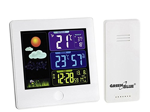 GreenBlue GB521W Funk Wetterstation mit Außensensor Kalender Hygrometer Thermometer DCF Uhr Wecker Batterie und Netzbetrieb Weiß von Green Blue
