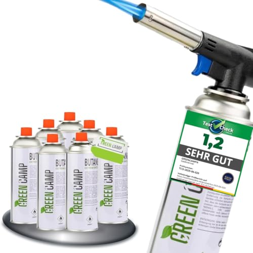 GREEN CAMP ® Gasbrenner mit Kartusche 227g – Schweißbrenner max. 1300°C Temperatur – Lötlampe mit Piezozündung – Bunsenbrenner Küche -Küchenbrenner (8x Gaskartuschen) von Green Camp