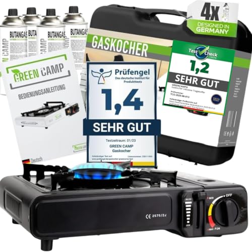 GREEN CAMP® Gaskocher inkl. 4 Kartuschen - Campingkocher mit Piezozündung - Camping Gaskocher stufenlos regulierbar - Gaskocher Camping 1-Flammig von Green Camp