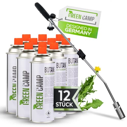Green Camp® Unkrautvernichter inkl. Gaskartuschen - stabiler Unkrautbrenner mit Piezozündung stufenlos regulierbar – Gasbrenner aus hochwertigem Metall mit ergonomischen Griff (12 Kartuschen) von Green Camp