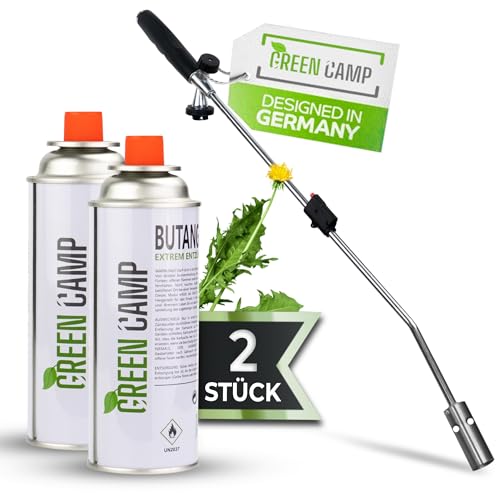 Green Camp® Unkrautvernichter inkl. Gaskartuschen - stabiler Unkrautbrenner mit Piezozündung stufenlos regulierbar – Gasbrenner aus hochwertigem Metall mit ergonomischen Griff (2 Kartuschen) von Green Camp