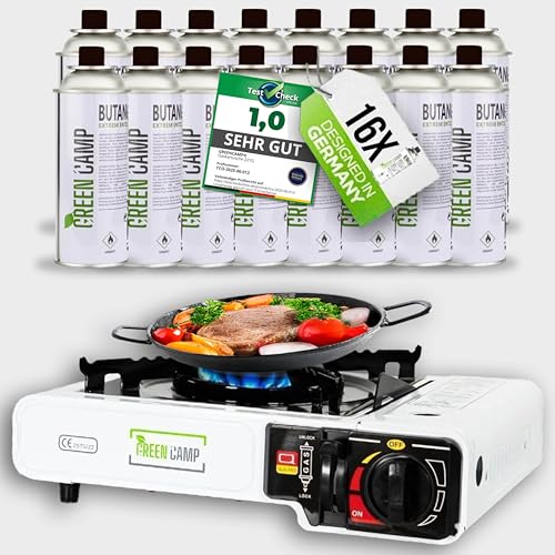 Green Camp ® Gaskocher mit 16 Kartuschen 227 g - Campingkocher mit Gaskartuschen mit Piezozündung - GaskocherCamping von Green Camp