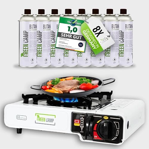 Green Camp ® Gaskocher mit 8 Kartuschen 227 g - Campingkocher mit Gaskartuschen mit Piezozündung - GaskocherCamping von Green Camp