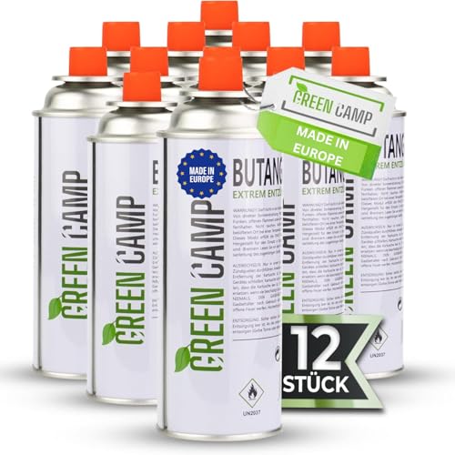 Greencamp ® Gaskartuschen 227g [Made IN Europe] ideal für Gaskocher, Gasheizung, Gasbrenner, Unkrautbrenner oder Campingkocher - Butan Gaskartusche Typ MFS – 1A (12x Gaskartuschen) von Green Camp