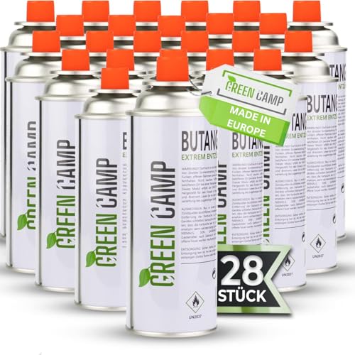 Greencamp ® Gaskartuschen 227g [Made IN Europe] ideal für Gaskocher, Gasheizung, Gasbrenner, Unkrautbrenner oder Campingkocher - Butan Gaskartusche Typ MFS – 1A (28x Gaskartuschen) von Green Camp
