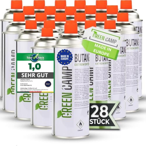Green Camp ® Gaskartuschen 227g ideal für Gaskocher, Gasheizung, Gasbrenner, Unkrautbrenner oder Campingkocher – Butan Gaskartusche Typ MFS – 1A für perfekt für Küchenbrenner (28 Kartuschen) von Green Camp