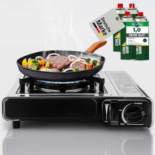 SEHR BELIEBT!!! Edeslstahl Gaskocher inkl. 4 Kartuschen - Campingkocher mit Piezozündung - Camping Gaskocher stufenlos regulierbar - Gaskocher Camping 1-Flammig (4 Kartuschen) von Green Camp